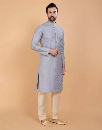 Grey Self Design Embellished work Jacquard Kurta Set