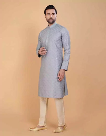 Grey Self Design Embellished work Jacquard Kurta Set