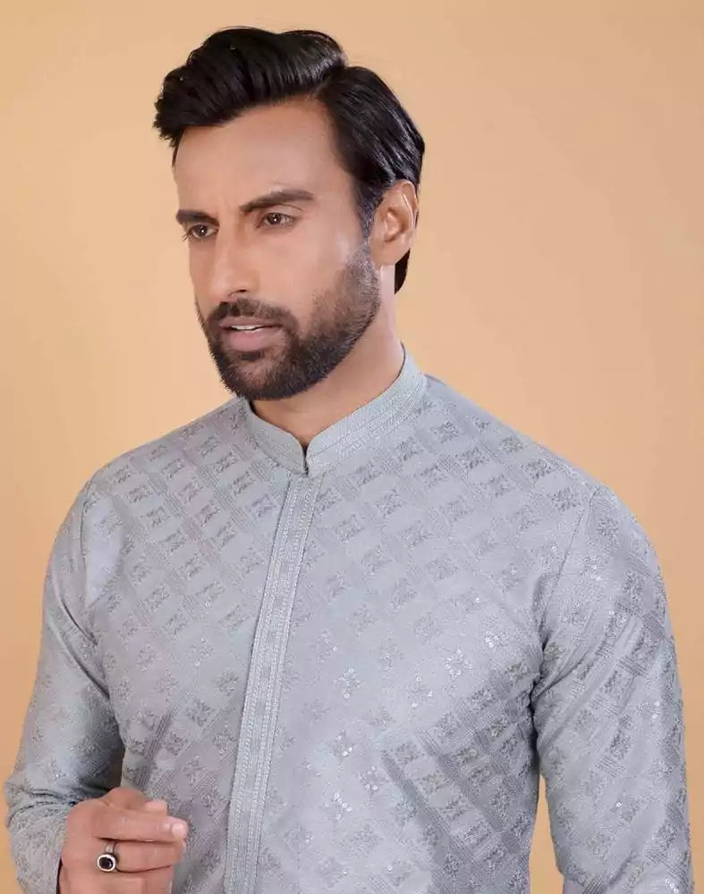 Grey Self Design Embellished work Jacquard Kurta Set