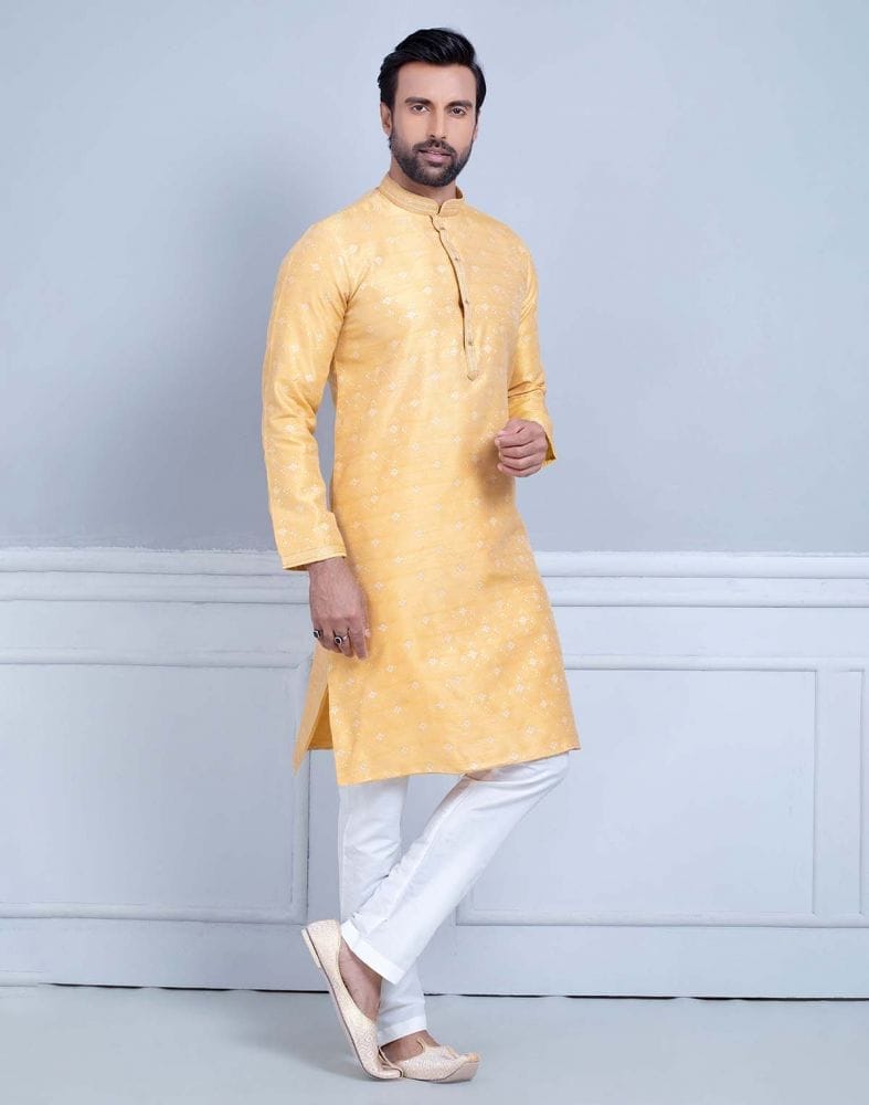 All Over Self Design Print Mustard Coloured Jacquard Kurta Set