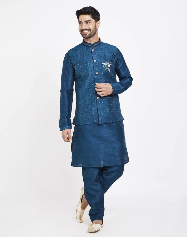 Navy Blue Raw silk Sequence Work Kurta Set