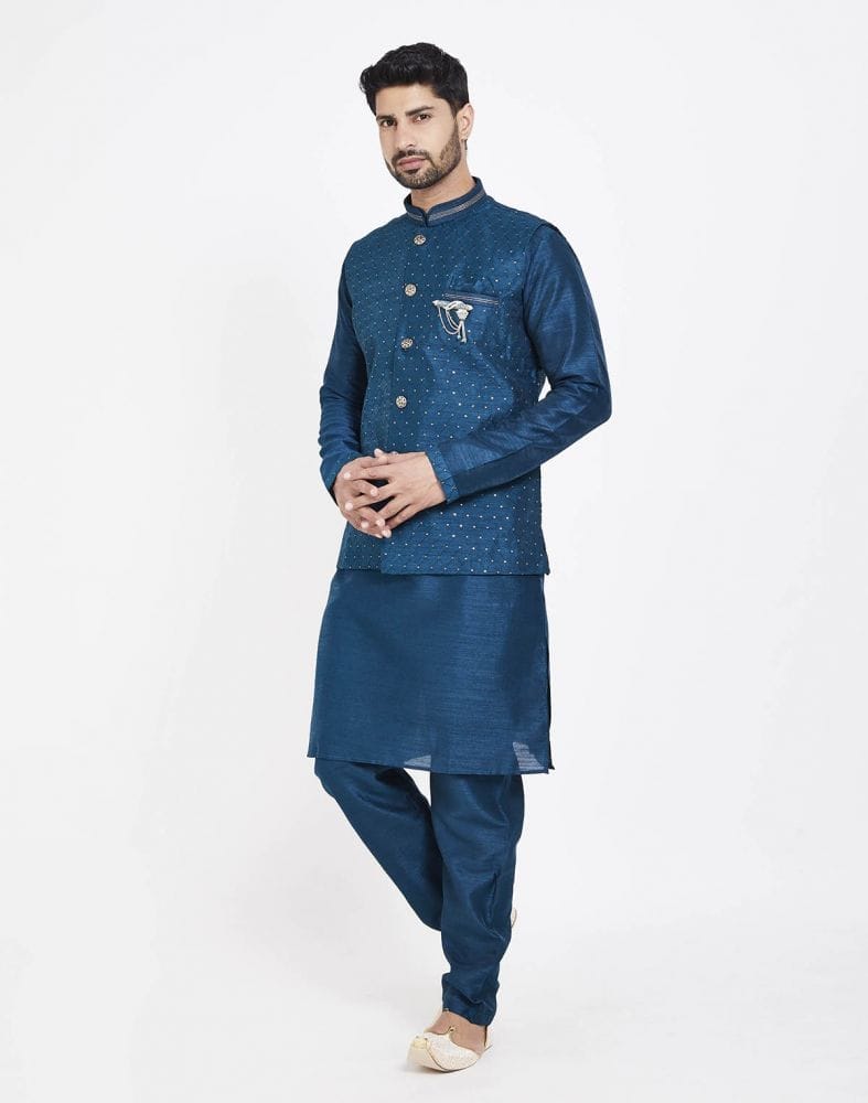 Navy Blue Raw silk Sequence Work Kurta Set