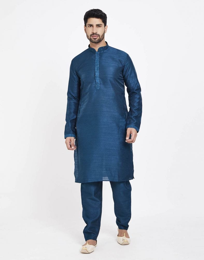 Navy Blue Raw silk Sequence Work Kurta Set