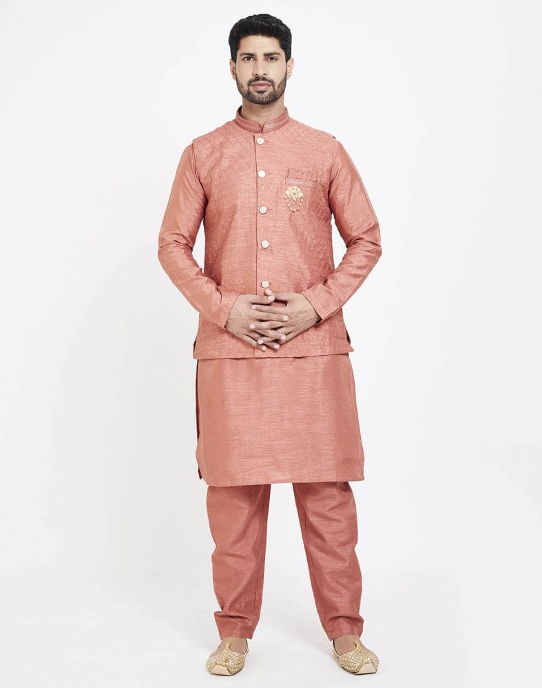 Peach Raw silk Sequence Work Kurta Set