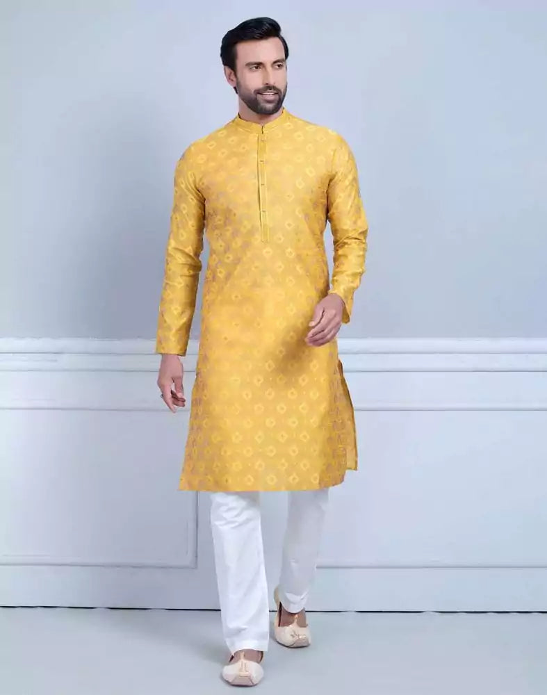 Mustard Soft Silk Self Booti Design Kurta Set