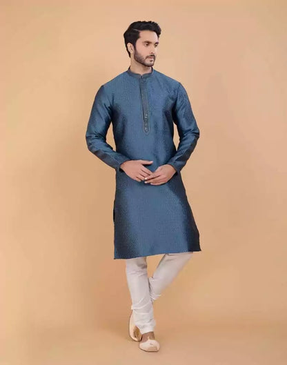 Grey Self Jacquard All Over Printed With Thread Work Kurta Set
