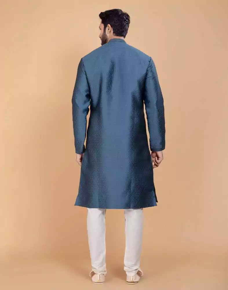 Grey Self Jacquard All Over Printed With Thread Work Kurta Set