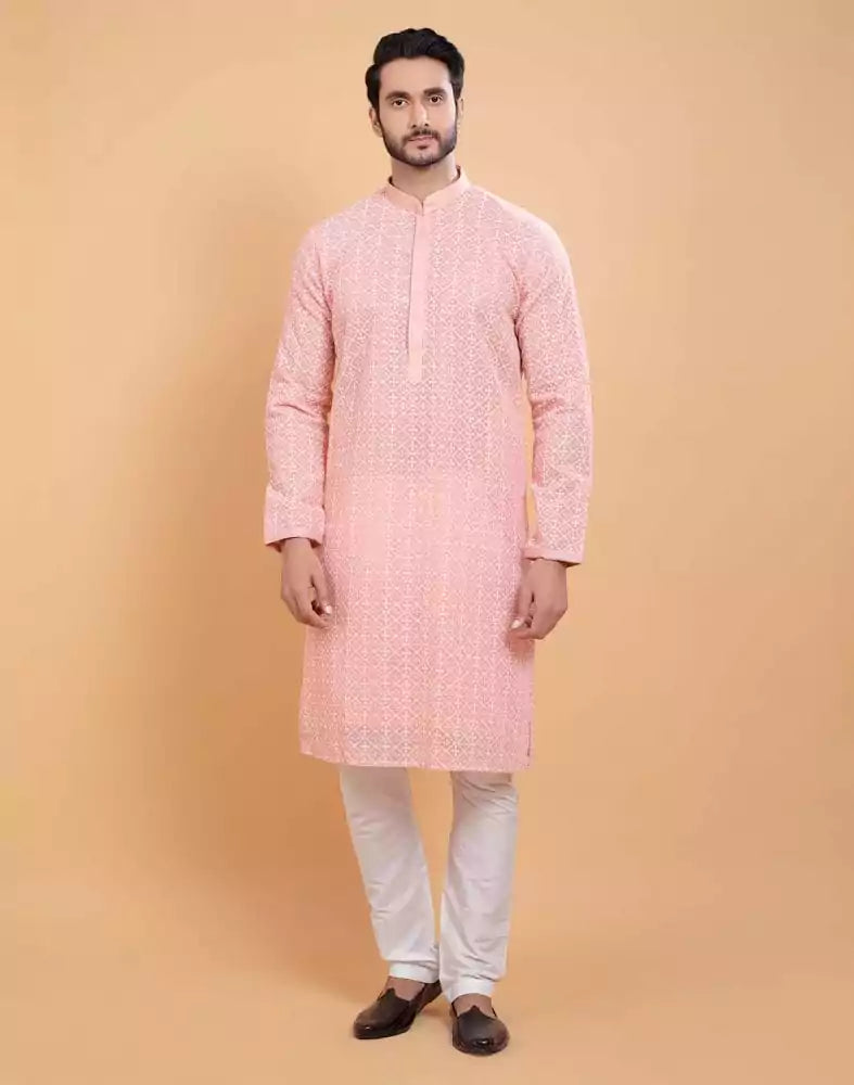 Stylish Pink Coloured Georgette All Over Self Design Chikankari work Kurta Set
