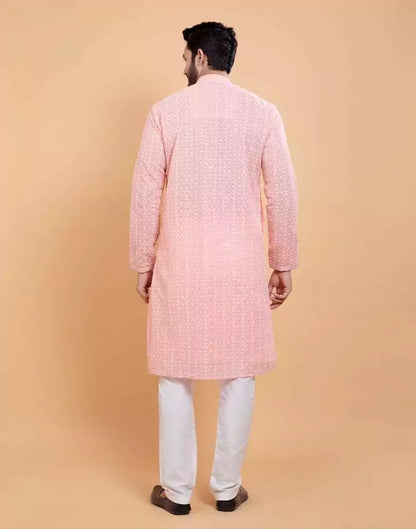 Stylish Pink Coloured Georgette All Over Self Design Chikankari work Kurta Set