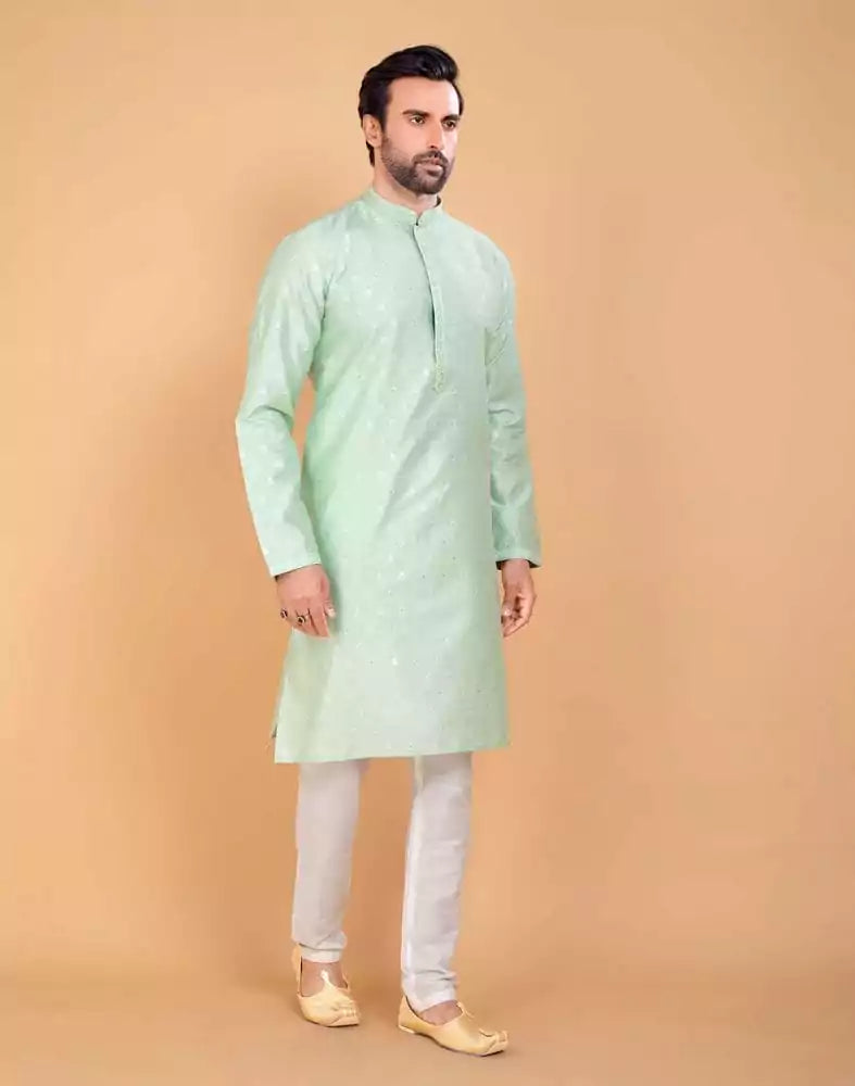 Light Green Coloured Soft Silk Luxurious Silver Booti Kurta Set