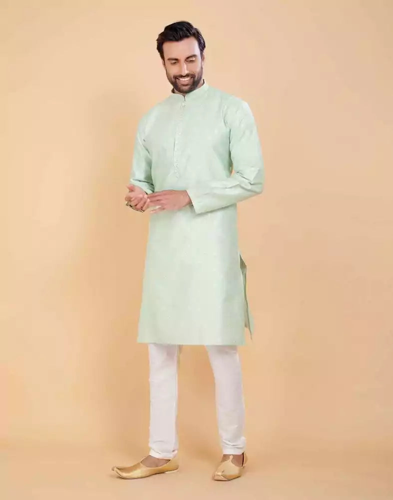 Light Green Coloured Soft Silk Luxurious Silver Booti Kurta Set