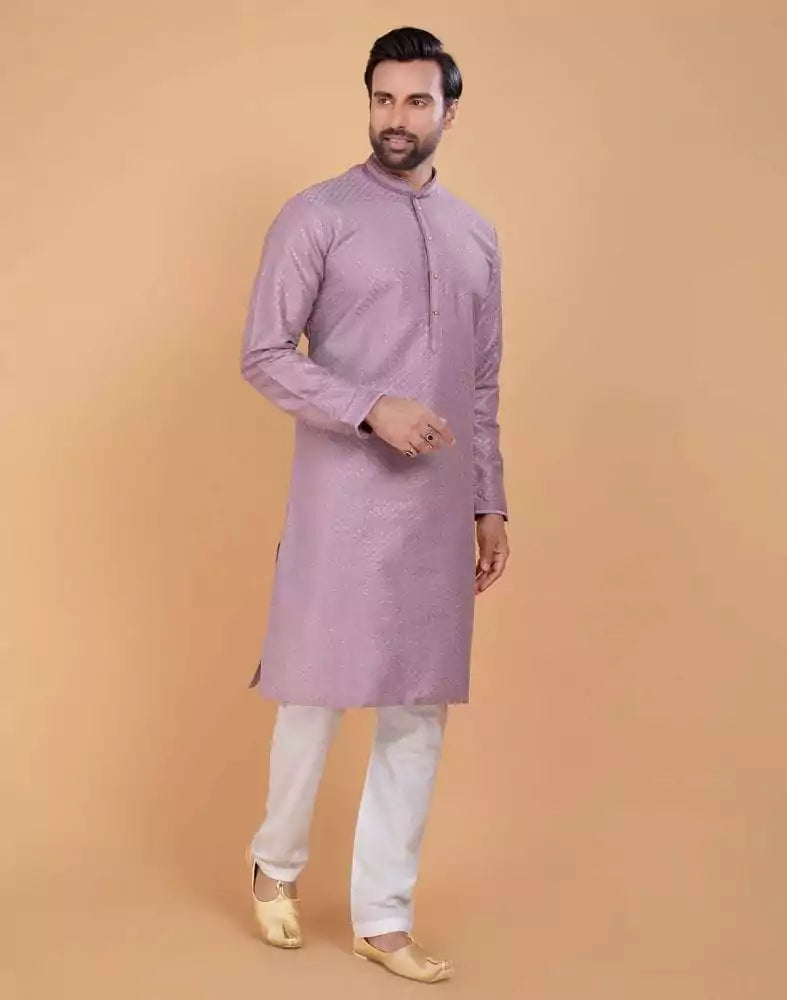 Light Pink Soft Silk Fabric With All Silver Zari Work Kurta Set