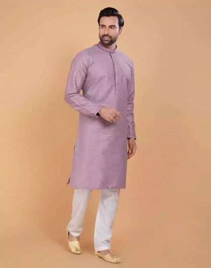 Light Pink Soft Silk Fabric With All Silver Zari Work Kurta Set
