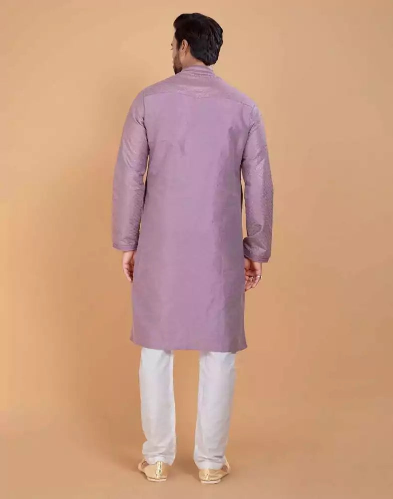 Light Pink Soft Silk Fabric With All Silver Zari Work Kurta Set
