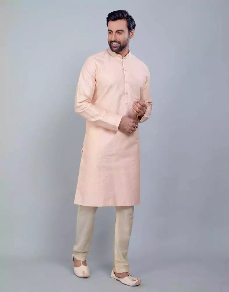 Peach Soft Silk Fabric With All Silver Zari Work Kurta Set
