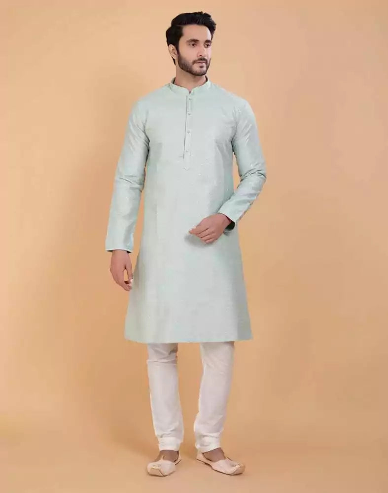Sky Blue Soft Silk Fabric With All Silver Zari Work Kurta Set