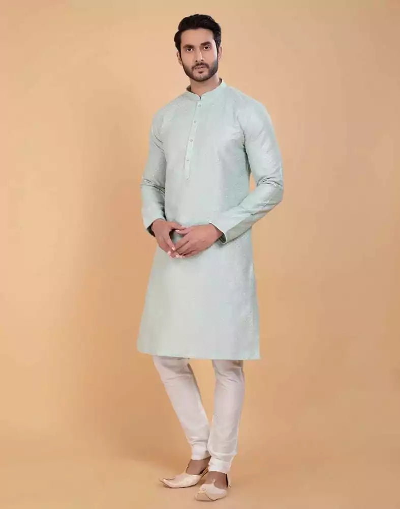 Sky Blue Soft Silk Fabric With All Silver Zari Work Kurta Set