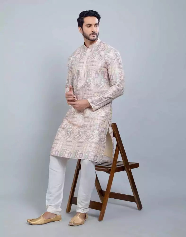 Fawn Colour All Over Printed With Silk Zari Work Kurta Set