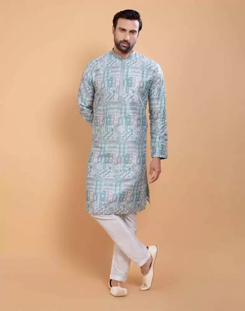 Sky Blue Coloured All Over Printed With Silk Zari Work Kurta Set