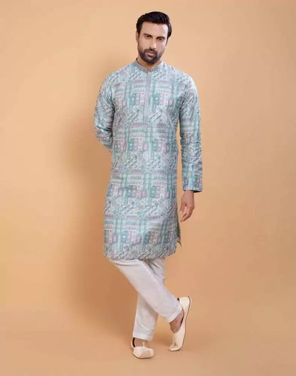 Sky Blue Coloured All Over Printed With Silk Zari Work Kurta Set