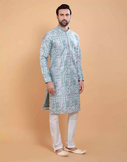 Sky Blue Coloured All Over Printed With Silk Zari Work Kurta Set