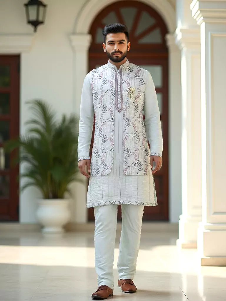 Cream Stylish Floral Thread Embroidery Raw Silk Kurta Jacket Set