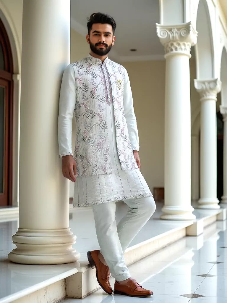 Cream Stylish Floral Thread Embroidery Raw Silk Kurta Jacket Set
