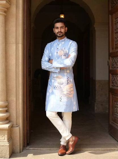 Light Sky Geometric Print Cotton Silk Kurta for Men