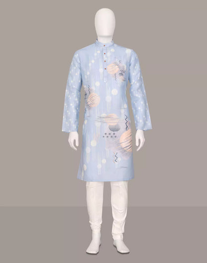 Light Sky Geometric Print Cotton Silk Kurta for Men
