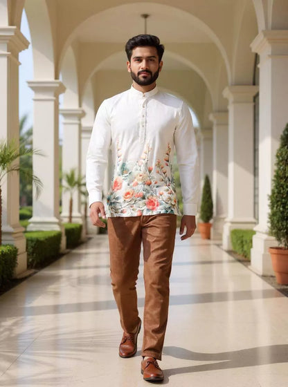 Digital Floral Printed Off White Linen Short Kurta