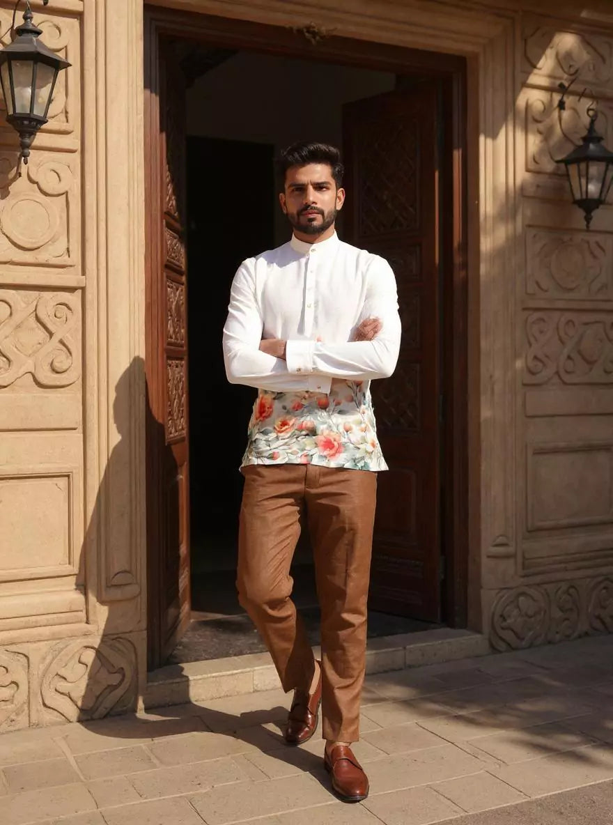 Digital Floral Printed Off White Linen Short Kurta