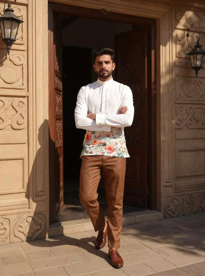 Digital Floral Printed Off White Linen Short Kurta