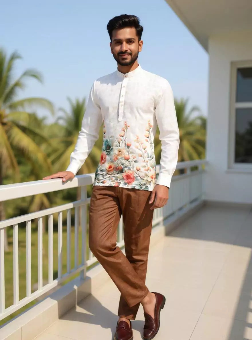 Digital Floral Printed Off White Linen Short Kurta