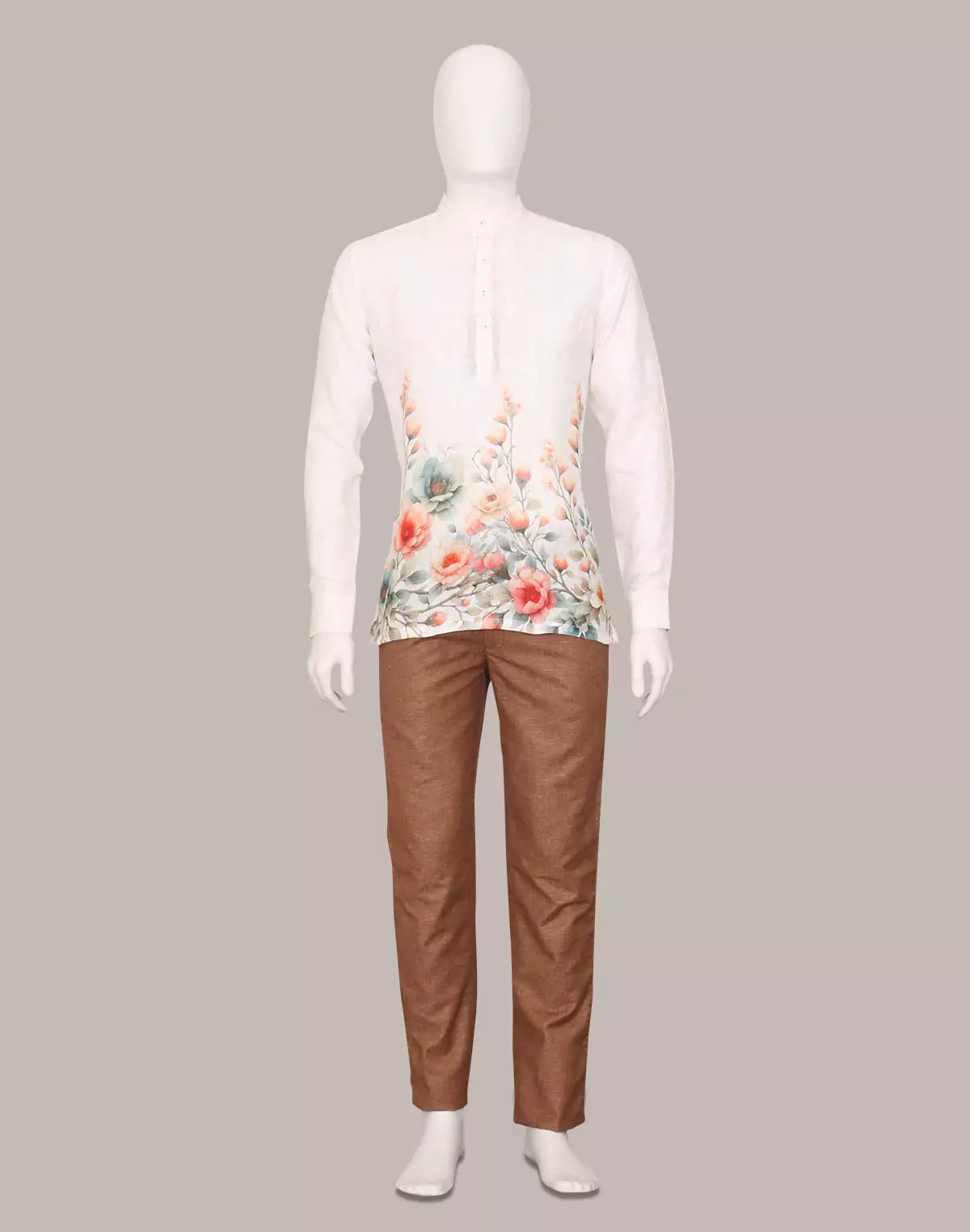 Digital Floral Printed Off White Linen Short Kurta