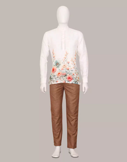 Digital Floral Printed Off White Linen Short Kurta