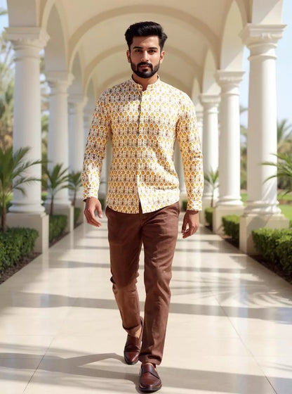 Yellow Ethnic Motifs Cotton Silk Printed Short Kurta
