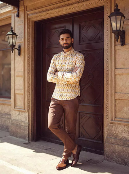 Yellow Ethnic Motifs Cotton Silk Printed Short Kurta