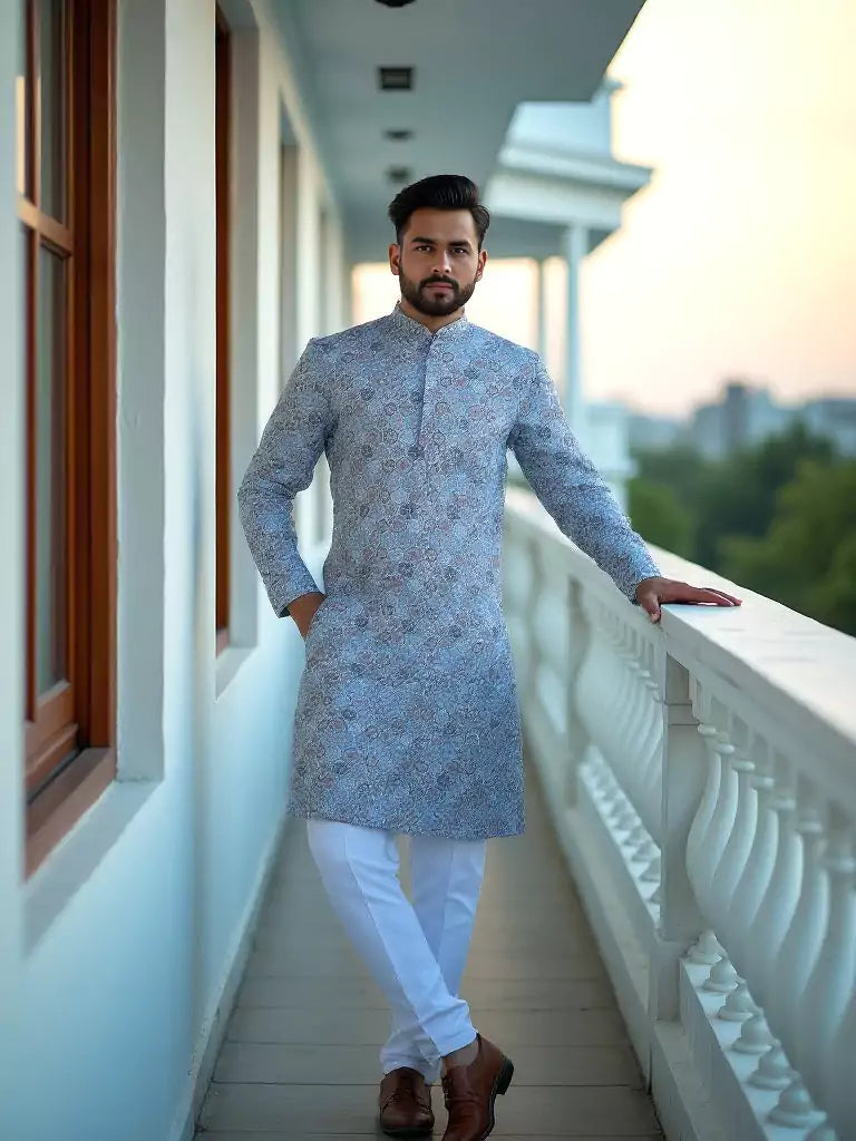 Blue Ethnic Floral Motifs Cotton Silk Printed Kurta