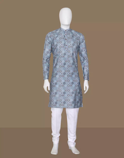 Blue Ethnic Floral Motifs Cotton Silk Printed Kurta
