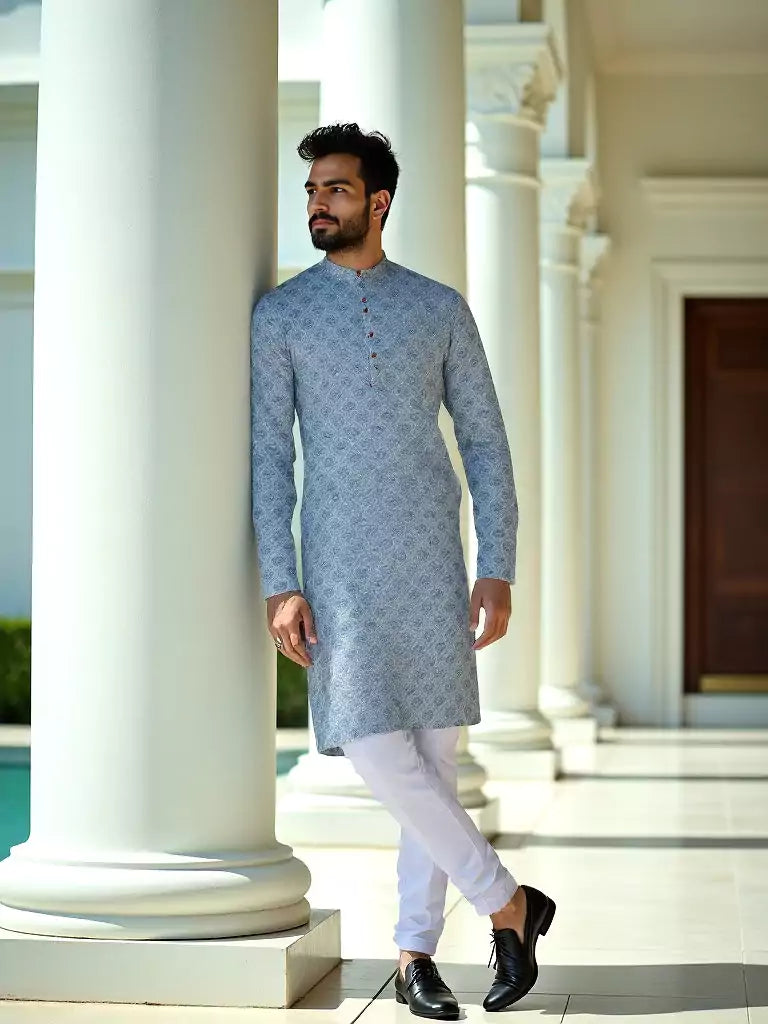 Light Grey Floral Motifs Cotton Silk Printed Kurta
