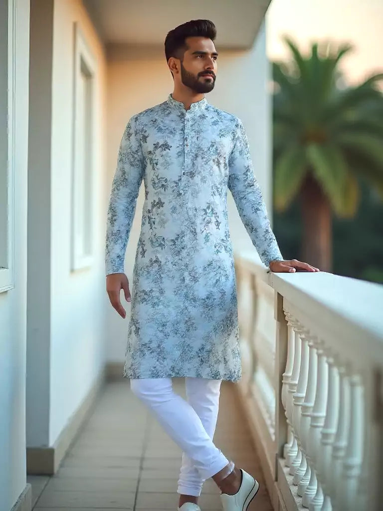 Sky Digital Floral Print Cotton Silk Kurta