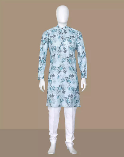 Sky Digital Floral Print Cotton Silk Kurta