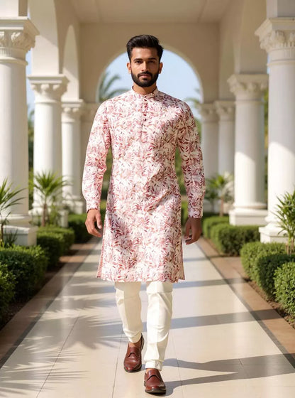 Light Brown Botanical Digital Print Cotton Kurta