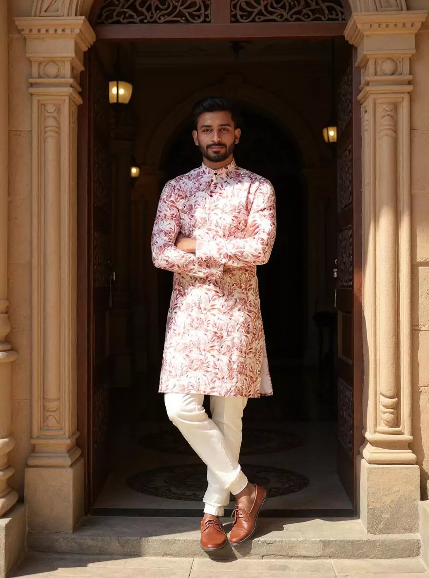 Light Brown Botanical Digital Print Cotton Kurta