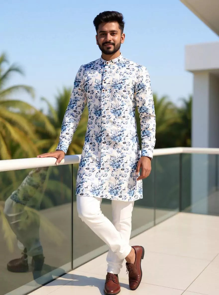 Floral Digital Printed Light Green Cotton Kurta