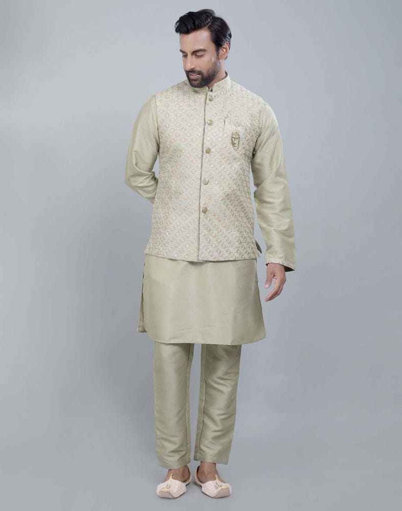 Self Brocade Design With Soft Silk Kurta Jacket Set