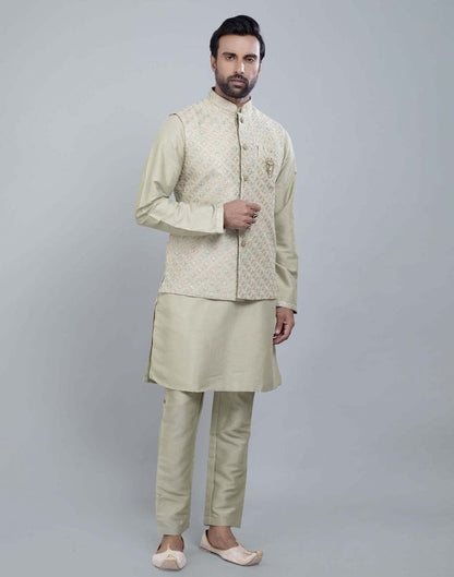 Self Brocade Design With Soft Silk Kurta Jacket Set