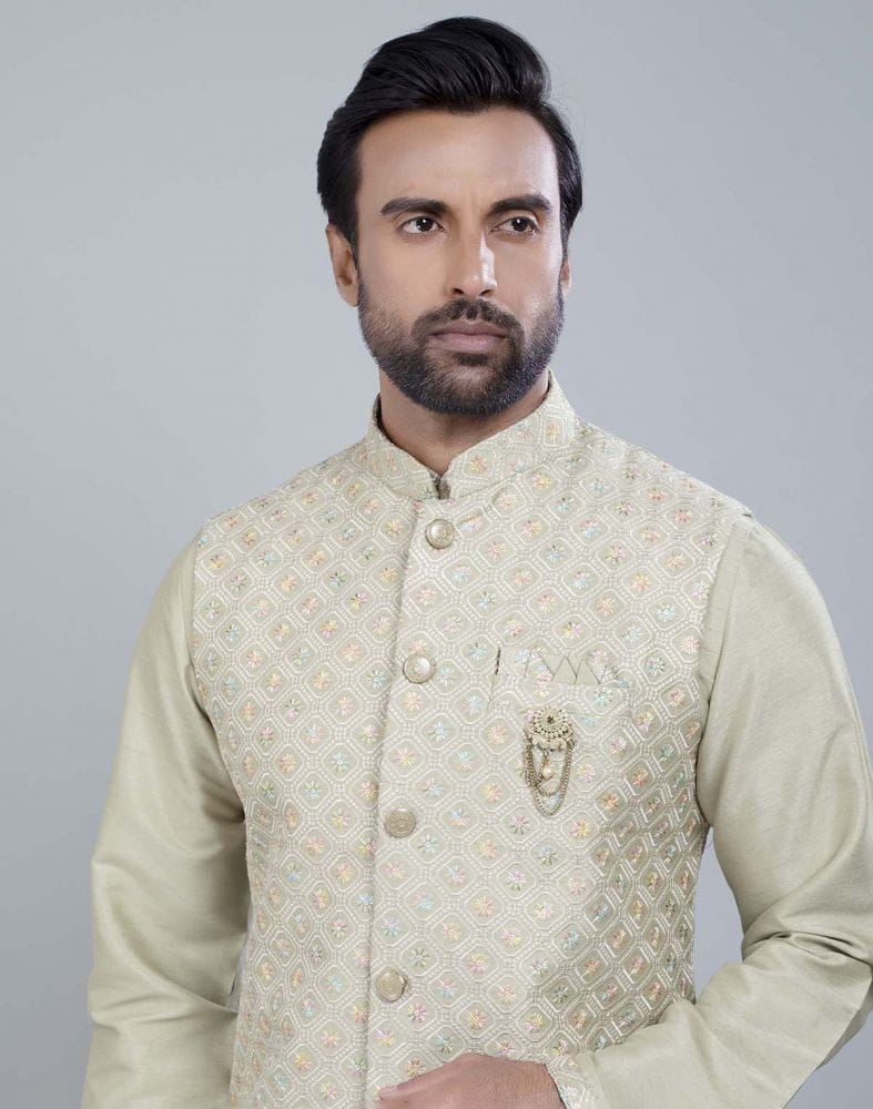 Self Brocade Design With Soft Silk Kurta Jacket Set