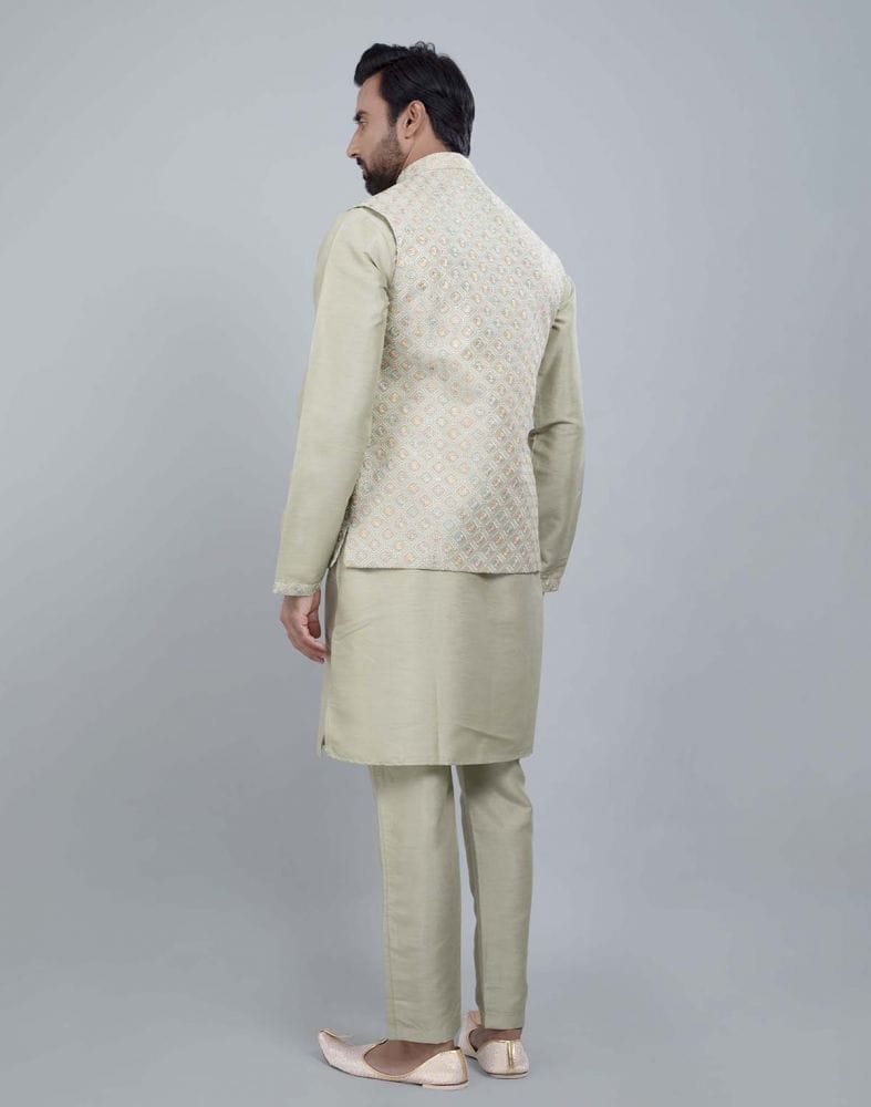 Self Brocade Design With Soft Silk Kurta Jacket Set