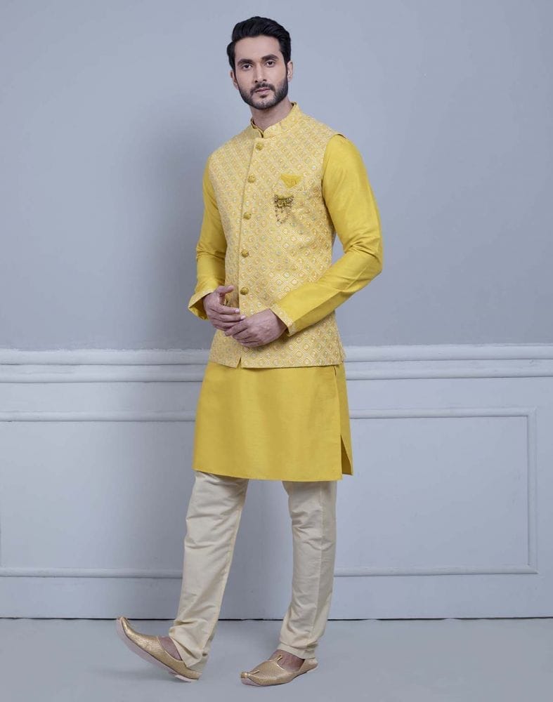 Yellow Self Brocade Design With Soft Silk Kurta Jacket Set